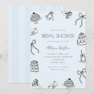 Blue Chic Bows Cakes and Champagne Bridal Shower Invitation