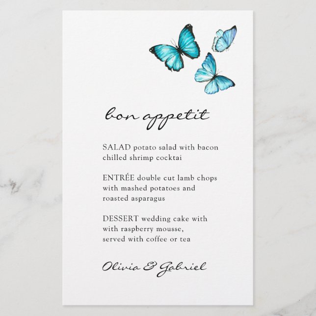 Blue chic butterflies Stylish elegant wedding menu (Front)