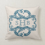 Blue Chic Damask Monogram Pillow<br><div class="desc">Elegant and sophisticated Chic Damask Mongram Pillow featuring a soft beige background and a stylish damask flourish embellishment in dark blue. This modern design is easy to customise with your own text. Click "Customise It" to find more personalisation options.</div>
