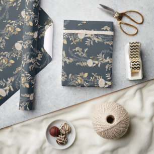 Blue Chic Gold Flowers Holiday Wrapping Paper