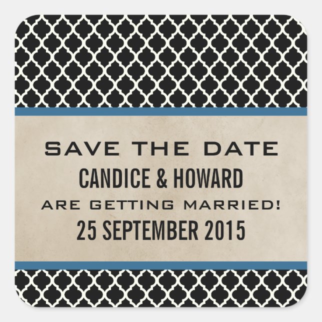 Blue Chic Quatrefoil Save the Date Stickers (Front)