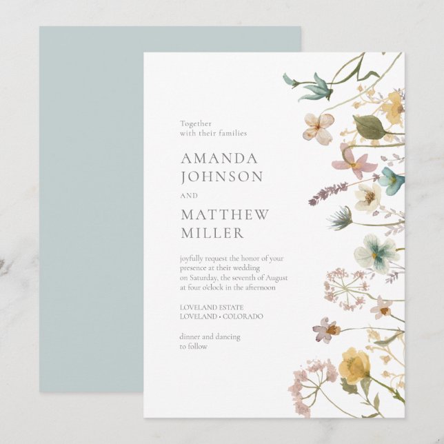 Blue Chic Spring Delicate Pressed Florals Wedding Invitation (Front/Back)