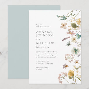 Blue Chic Spring Delicate Pressed Florals Wedding Invitation
