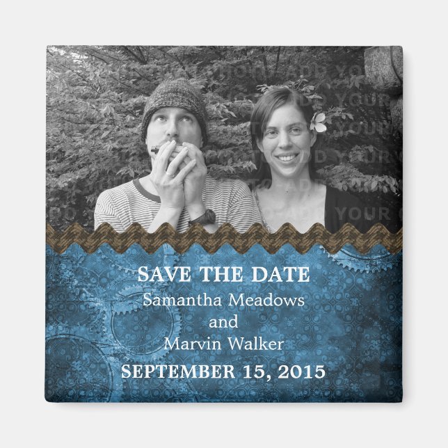 Blue Chic Steampunk Photo Save the Date Magnet (Front)