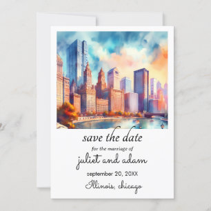 blue chicago wedding skyline save the date invitation