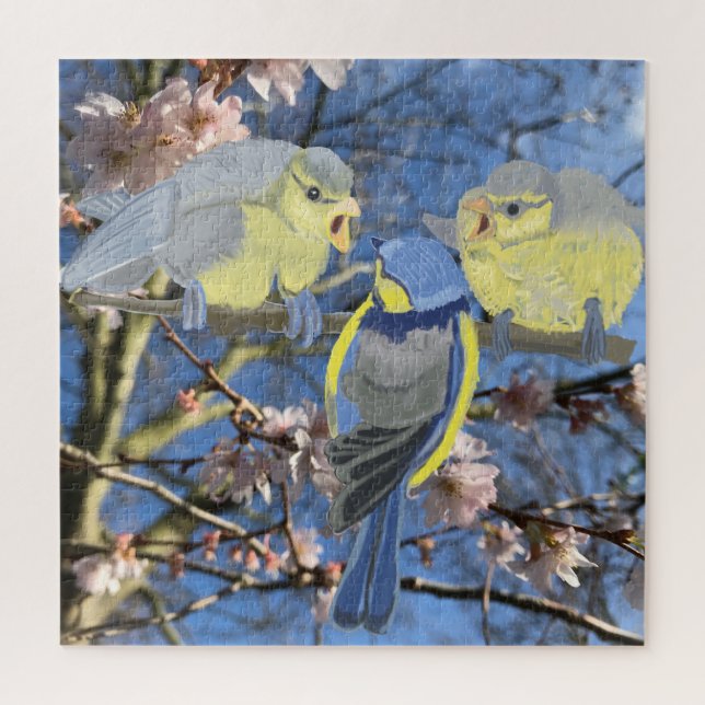 Blue Chickadee Family Amongst Almond Blossom Jigsaw Puzzle (Vertical)