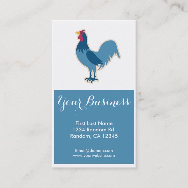 Blue chicken rooster customisable business cards (Front)