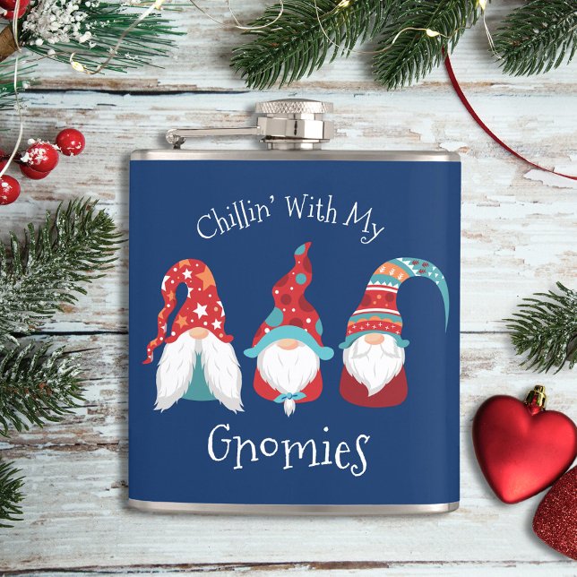 Blue Chilling with my Gnomies Funny Modern Holiday Hip Flask (Creator Uploaded)
