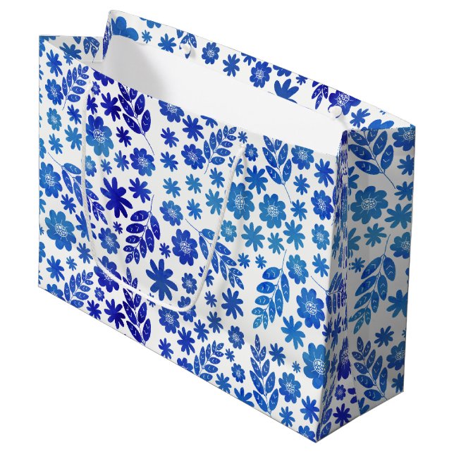 Blue China Hand Drawn Floral Pattern Large Gift Bag (Front Angled)