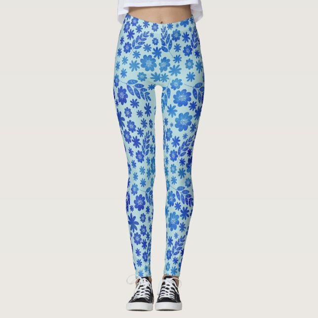 Blue China Hand Drawn Floral Pattern Leggings (Front)