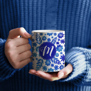 Blue China Hand Drawn Floral Pattern & Monogram Coffee Mug