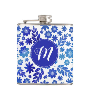 Blue China Hand Drawn Floral Pattern & Monogram Hip Flask