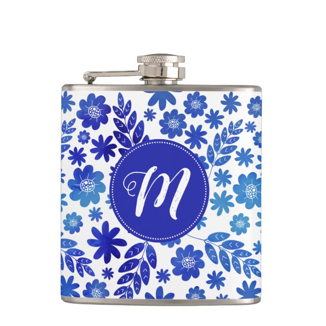 Blue China Hand Drawn Floral Pattern & Monogram Hip Flask (Front)