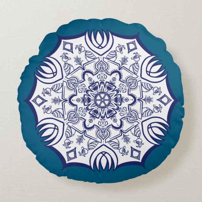 Blue China Mandela Round Cushion (Front)