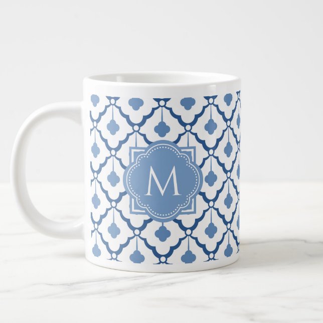 Blue Chinese Ceramic Pattern with Monogram Large Coffee Mug (Left)