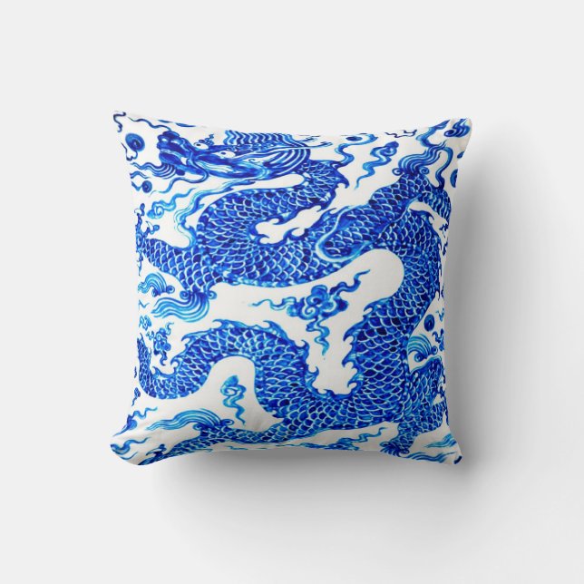 Blue Chinese Dragon Vintage Illustration Art Cushion (Front)
