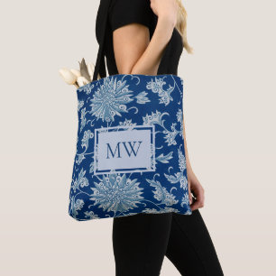 Blue Chinese Floral Custom Monogram Tote Bag