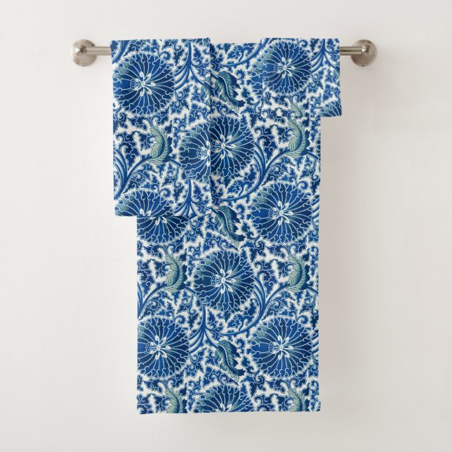 Blue Chinese Floral Pattern Bath Towel Set (Insitu)