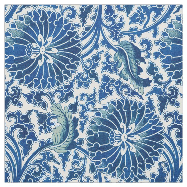 Blue Chinese Floral Pattern Fabric (Swatch)