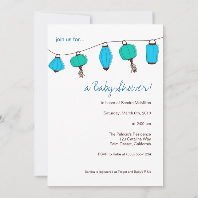 Blue Chinese Lanterns Invitations, 5x7 Invitation (Front)
