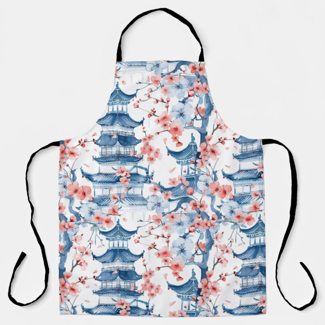 Blue Chinese Pagoda Cherry Blossom Pattern Apron (Front)