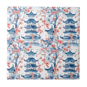 Blue Chinese Pagoda Cherry Blossom Pattern Ceramic Tile
