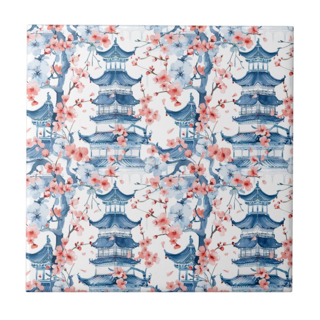 Blue Chinese Pagoda Cherry Blossom Pattern Ceramic Tile (Front)