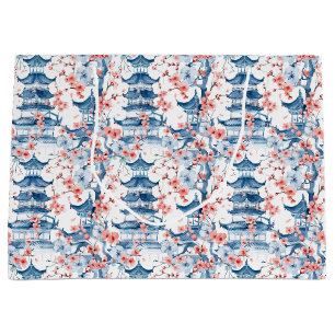 Blue Chinese Pagoda Cherry Blossom Pattern Large Gift Bag