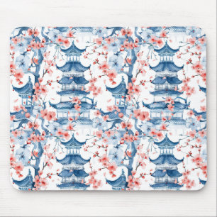 Blue Chinese Pagoda Cherry Blossom Pattern Mouse Pad