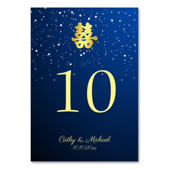 Blue Chinese wedding starry night double happiness Table Number (Front)