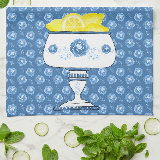 Blue Chinois Vase With Lemons Tea Towel (Folded)