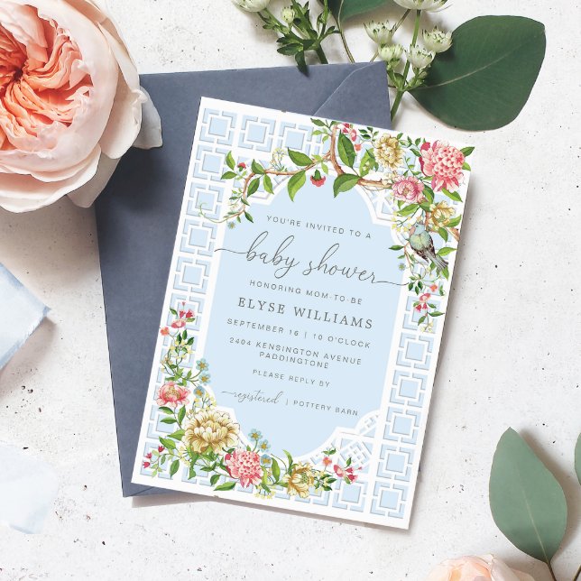 Blue Chinoiserie Baby Shower Invitation - Trianon (Blue Boy Baby Shower Invitation Blue Chinoiserie French Floral)