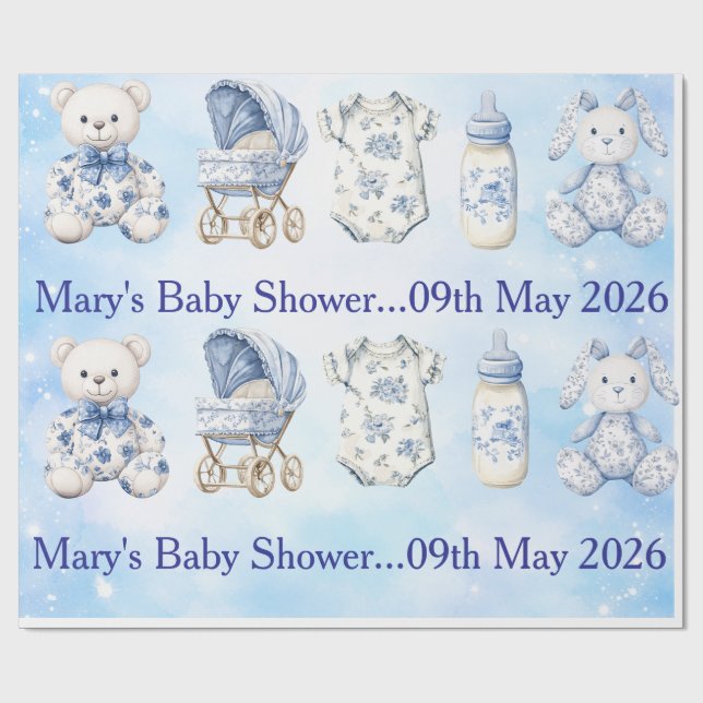 Blue Chinoiserie Baby Shower Wrapping Paper (Flat)