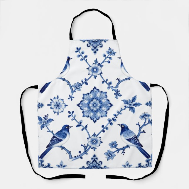 Blue Chinoiserie Bird Floral Pattern Apron (Front)