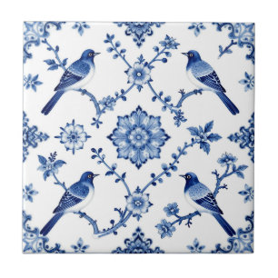 Blue Chinoiserie Bird Floral Pattern Ceramic Tile