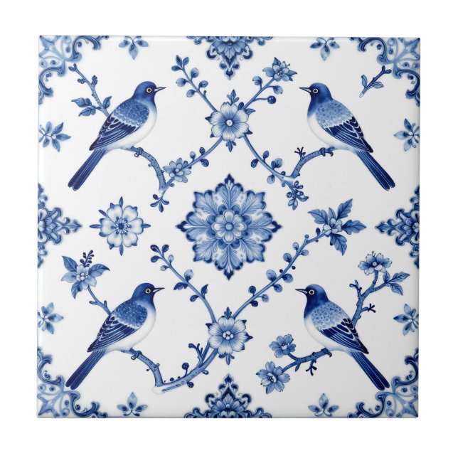 Blue Chinoiserie Bird Floral Pattern Ceramic Tile (Front)