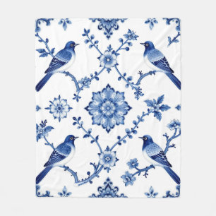Blue Chinoiserie Bird Floral Pattern Fleece Blanket