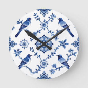 Blue Chinoiserie Bird Floral Pattern Round Clock