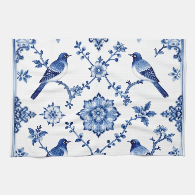 Blue Chinoiserie Bird Floral Pattern Tea Towel (Horizontal)