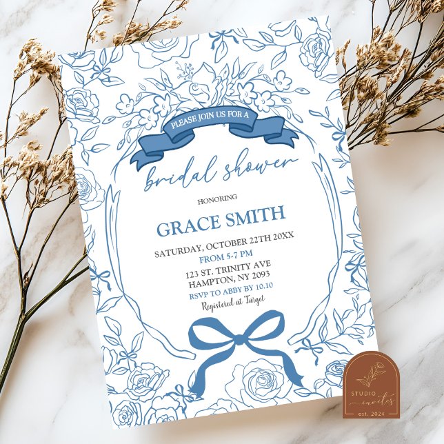 Blue Chinoiserie Bow Floral Bridal Shower Invitation (Creator Uploaded)