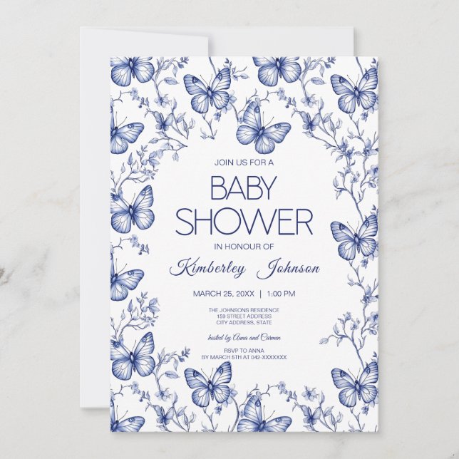 Blue Chinoiserie Butterfly Baby Shower Invitation (Front)