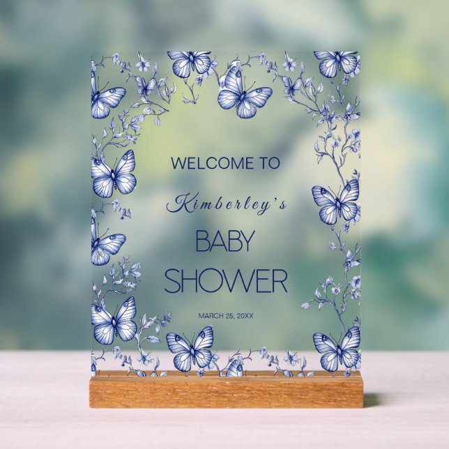 Blue Chinoiserie Butterfly Baby Shower Invitation Acrylic Sign (Neutral)