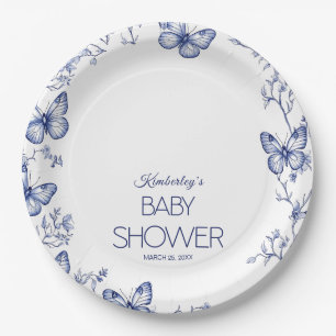 Blue Chinoiserie Butterfly Baby Shower Round Paper Plate