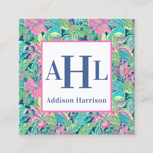 Blue Chinoiserie calling card, Monogram Enclosure Square Business Card (Front)