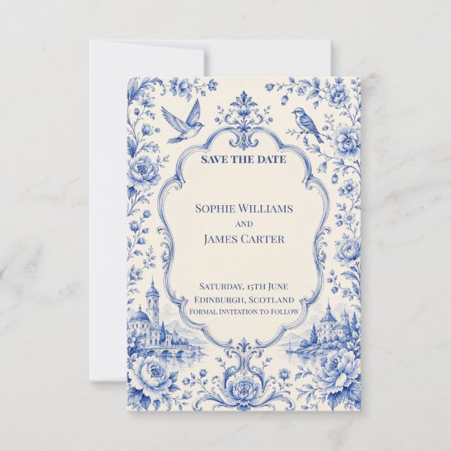 Blue Chinoiserie Castle Wedding Save The Date (Front)