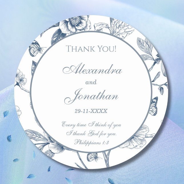 Blue Chinoiserie Christian Wedding Thank You Classic Round Sticker (Creator Uploaded)