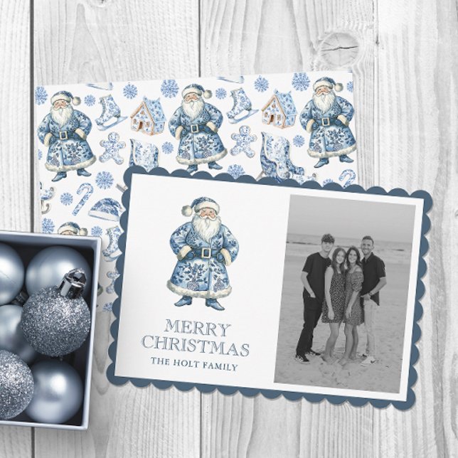 Blue Chinoiserie Christmas Santa Photo Holiday Card (Creator Uploaded)