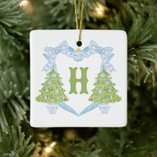 Blue Chinoiserie Christmas Tree Monogram Crest Ceramic Ornament