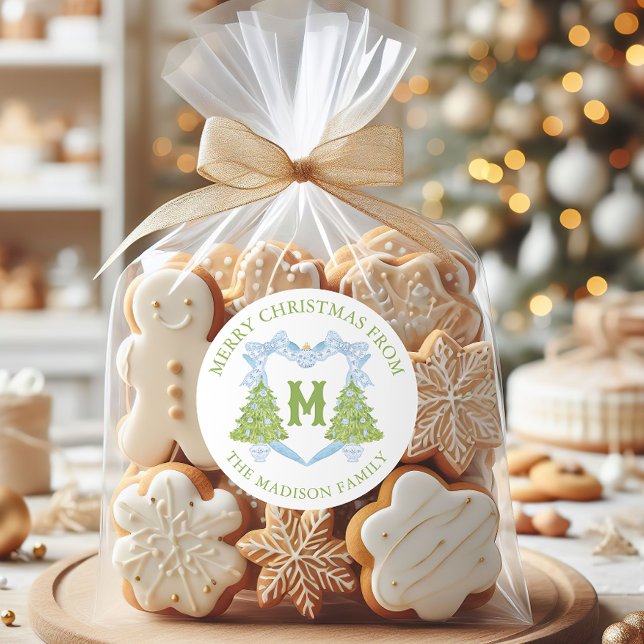 Blue Chinoiserie Christmas Tree Monogram Crest Classic Round Sticker (Creator Uploaded)