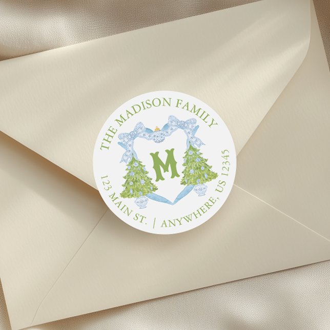 Blue Chinoiserie Christmas Tree Monogram Crest Classic Round Sticker (Creator Uploaded)